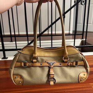Prada Tan Canvas and Light Brown Leather Shoulder Bag